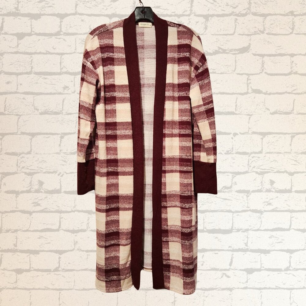 Ginger G Cardigan Sweater Womens M Burgundy Checkered Long Sleeves Open Style